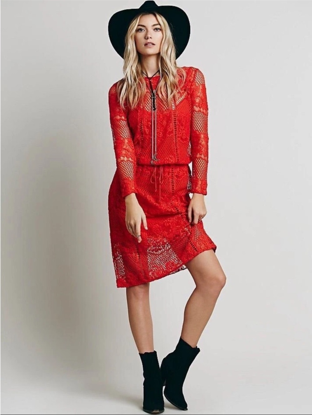 Free People Red Lace Long-Sleeve Tie-Waist Dress